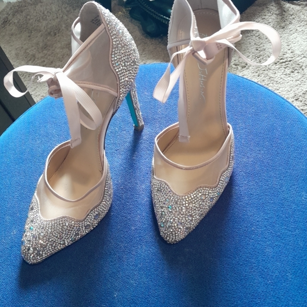 Betsey Johnson Silver Rhinestone Heels with Pink Ribbon